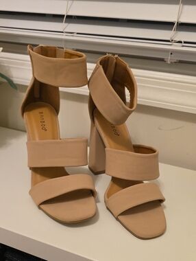BAMBOO Blush Tan Block Heel Sandals with Ankle Cuff